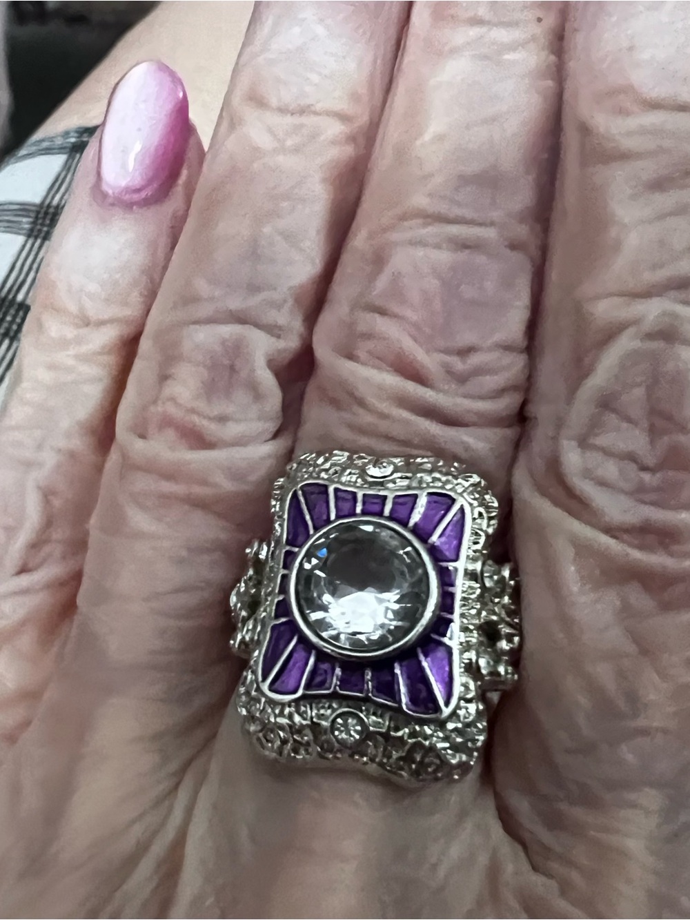 Silver-Tone Statement Ring with Purple Inlay and Clear Center Stone